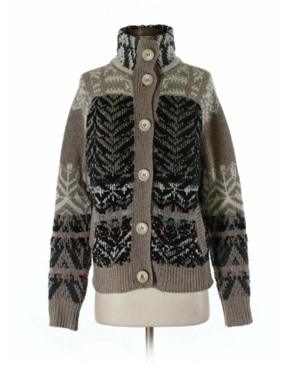 Free People Taupe Fair Isle Button-Up Knit Cardigan